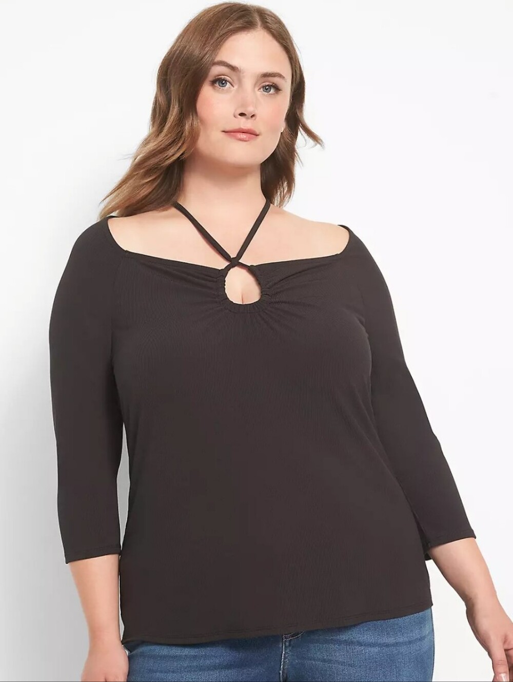 Lane Bryant Black Keyhole Strap Three-Quarter Sleeve Top